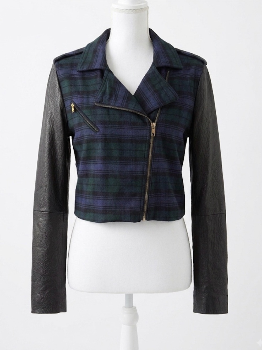 Reformation Black Leather-Sleeve Green Navy Plaid Moto Jacket SIZE S/M